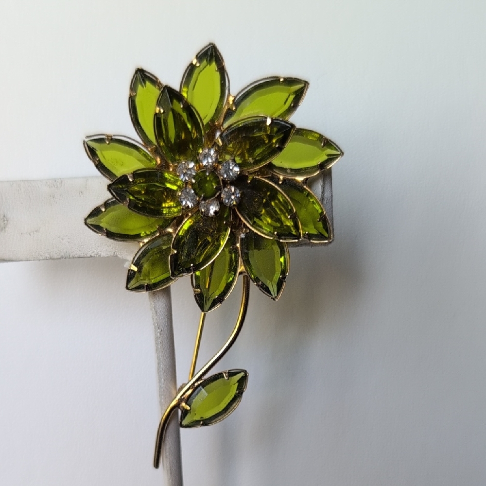 Green Rhinestone Floral Stem Brooch